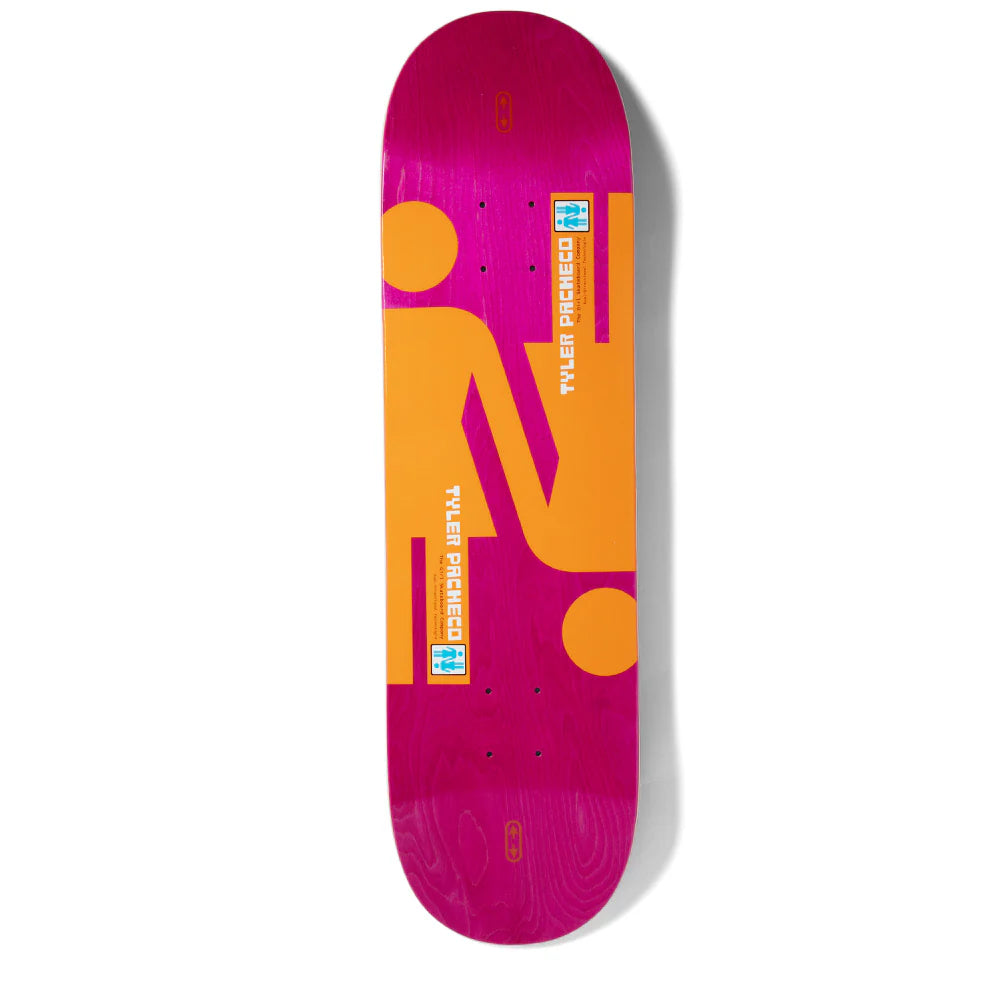 Skateboard deck with orange abstract design on a pink background