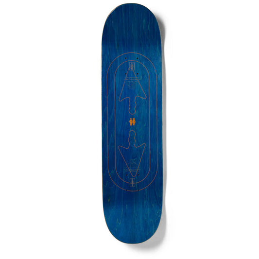 Blue skateboard deck with a design on a white background