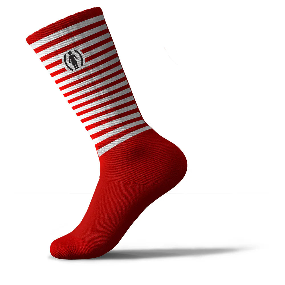 Red sock with white stripes on a white background
