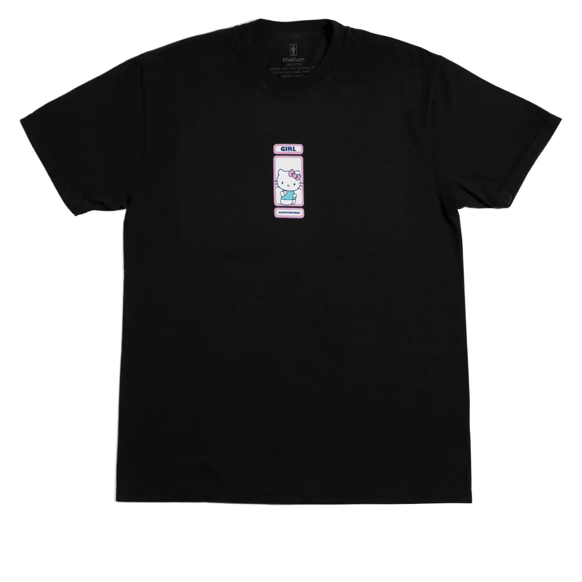 Black t-shirt with a small logo on the chest against a white background