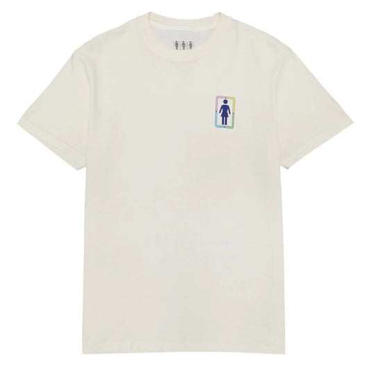 Beige t-shirt with a small graphic on a white background