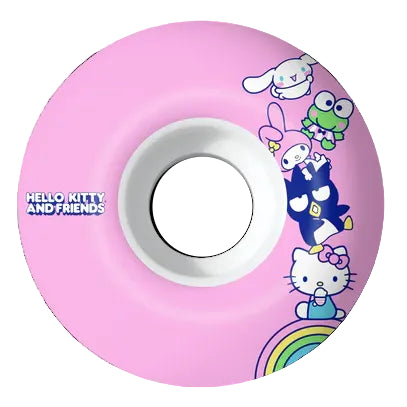 Pink skateboard wheel with Hello Kitty and friends design on a white background