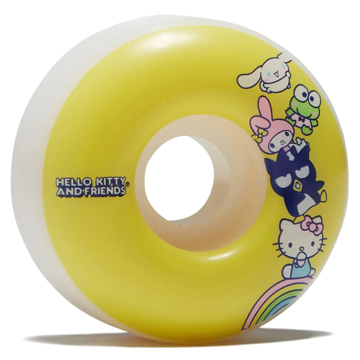 Yellow skateboard wheel with Hello Kitty and Friends characters on a white background