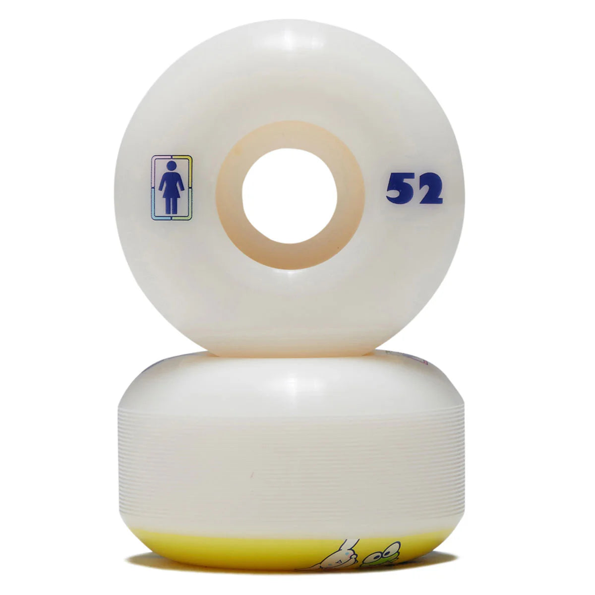 Two skateboard wheels with a white center, yellow rim, and blue branding on a white background.