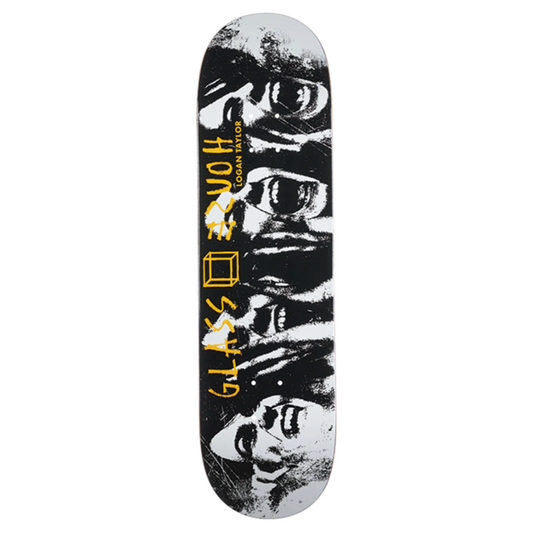 Skateboard deck with black and white graphic design on a white background