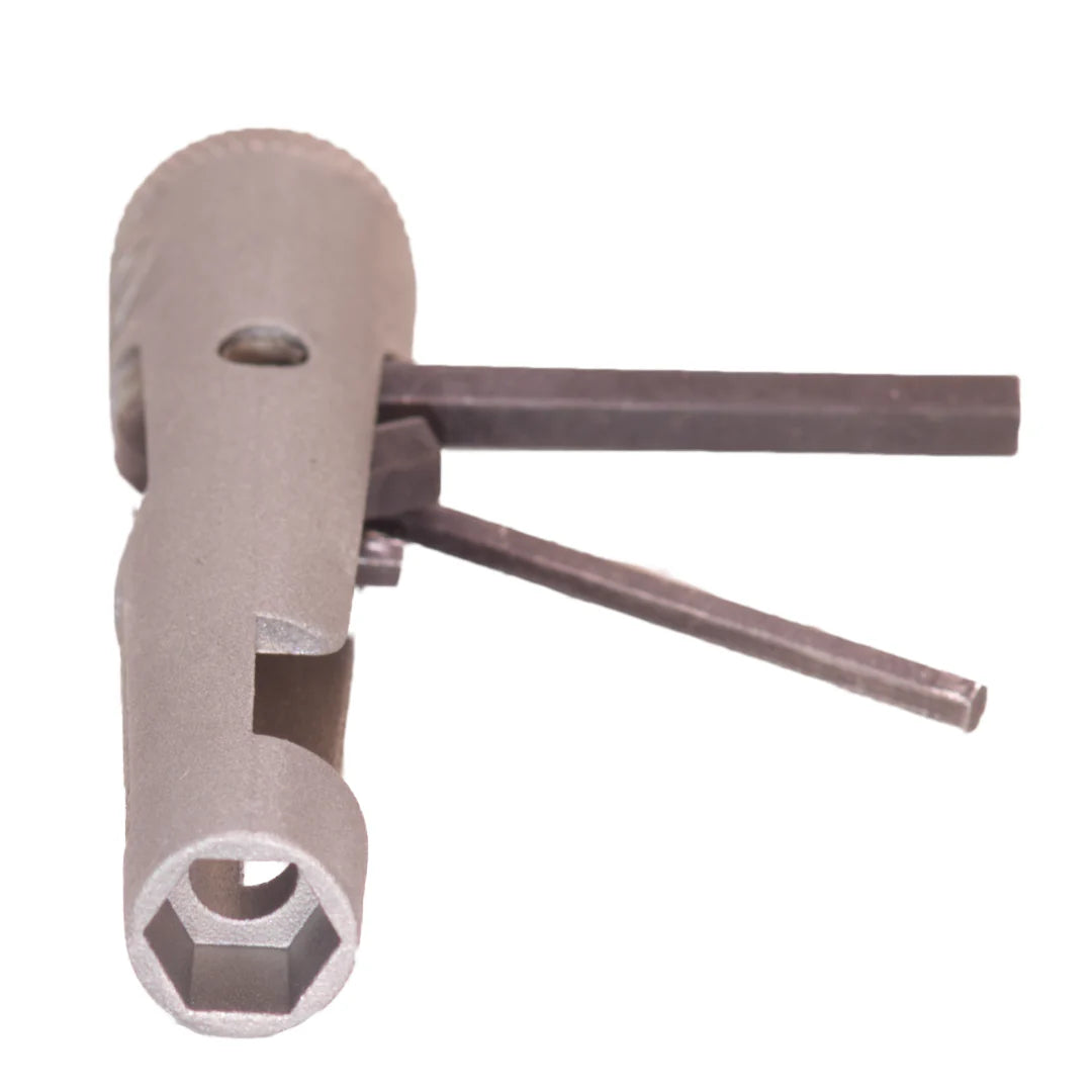 Metal tool with hexagonal head and cylindrical shaft on a white background
