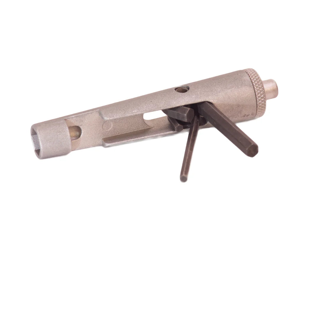 Metal tool with a cylindrical head and adjustable arm on a white background