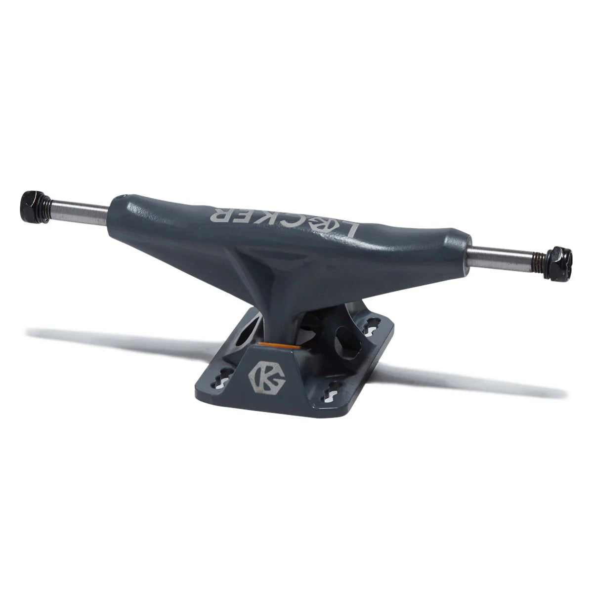 Grey skateboard truck with visible branding on a white background