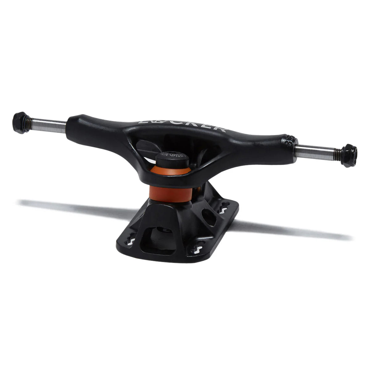 Black skateboard truck with orange center on a white background