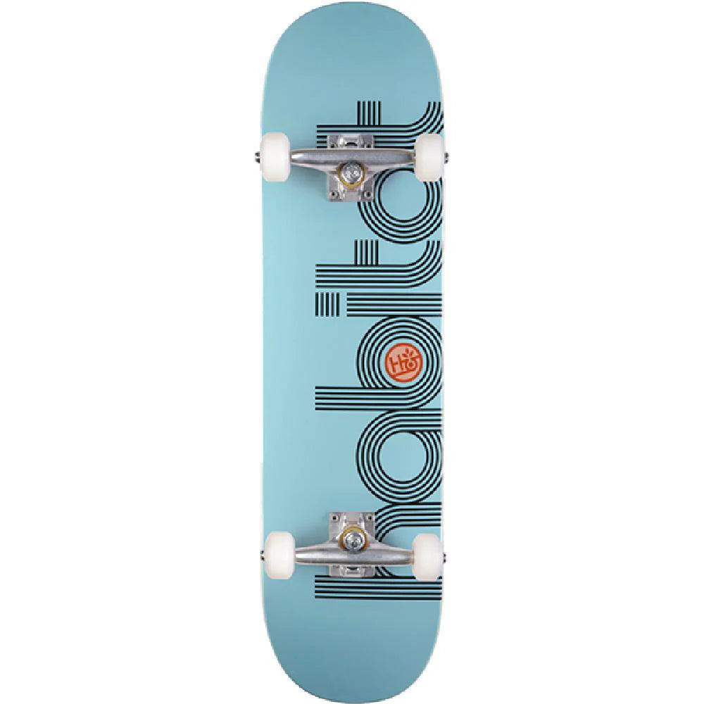 Light blue skateboard with black geometric design on a white background