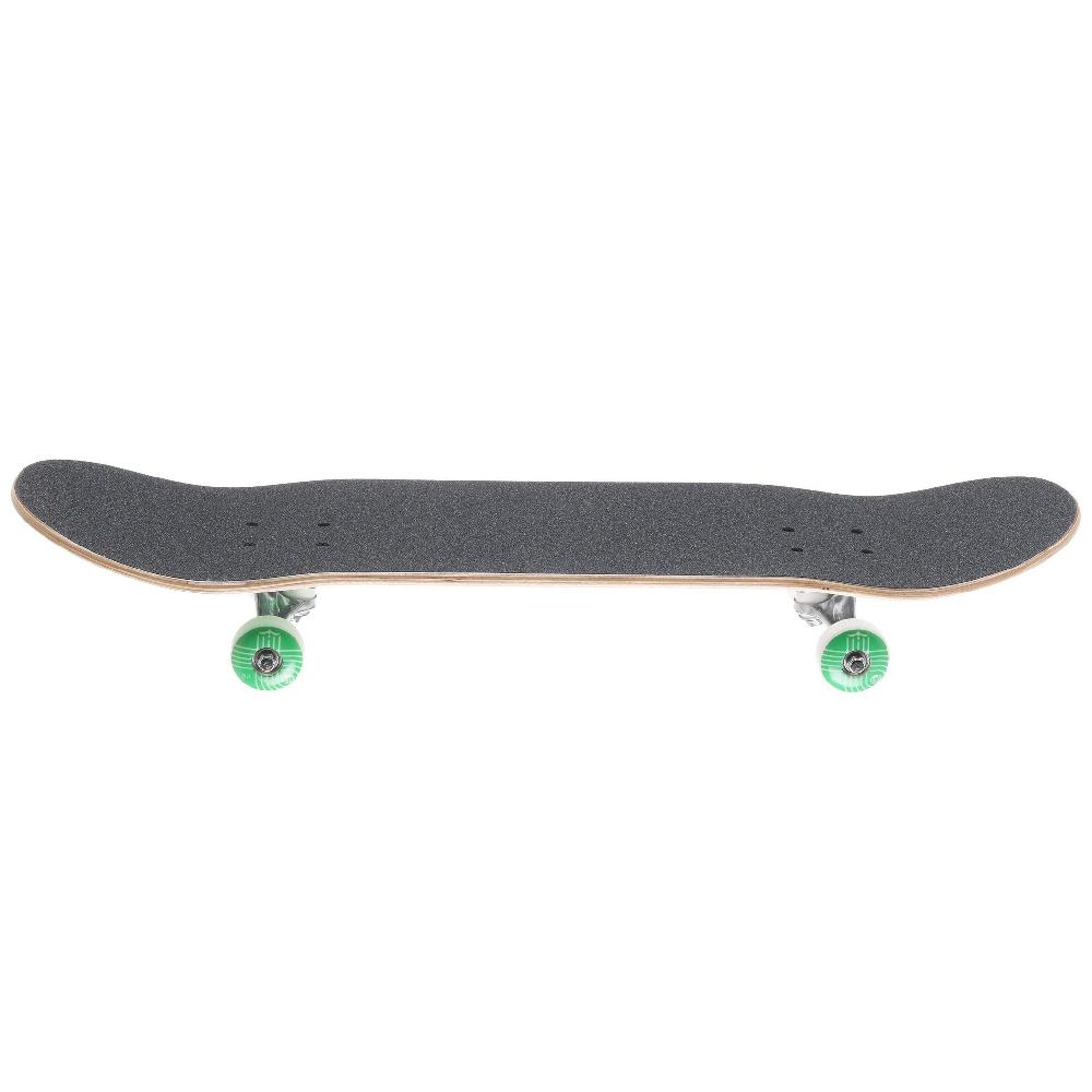 Skateboard with a black deck and green wheels on a white background