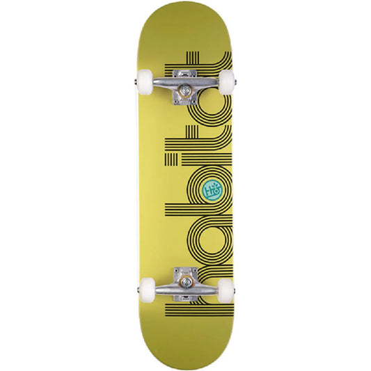 Yellow skateboard with black geometric design on a white background
