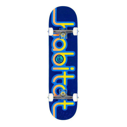 Blue skateboard with yellow and white text on a white background