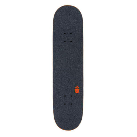Black skateboard deck with a red logo on a white background