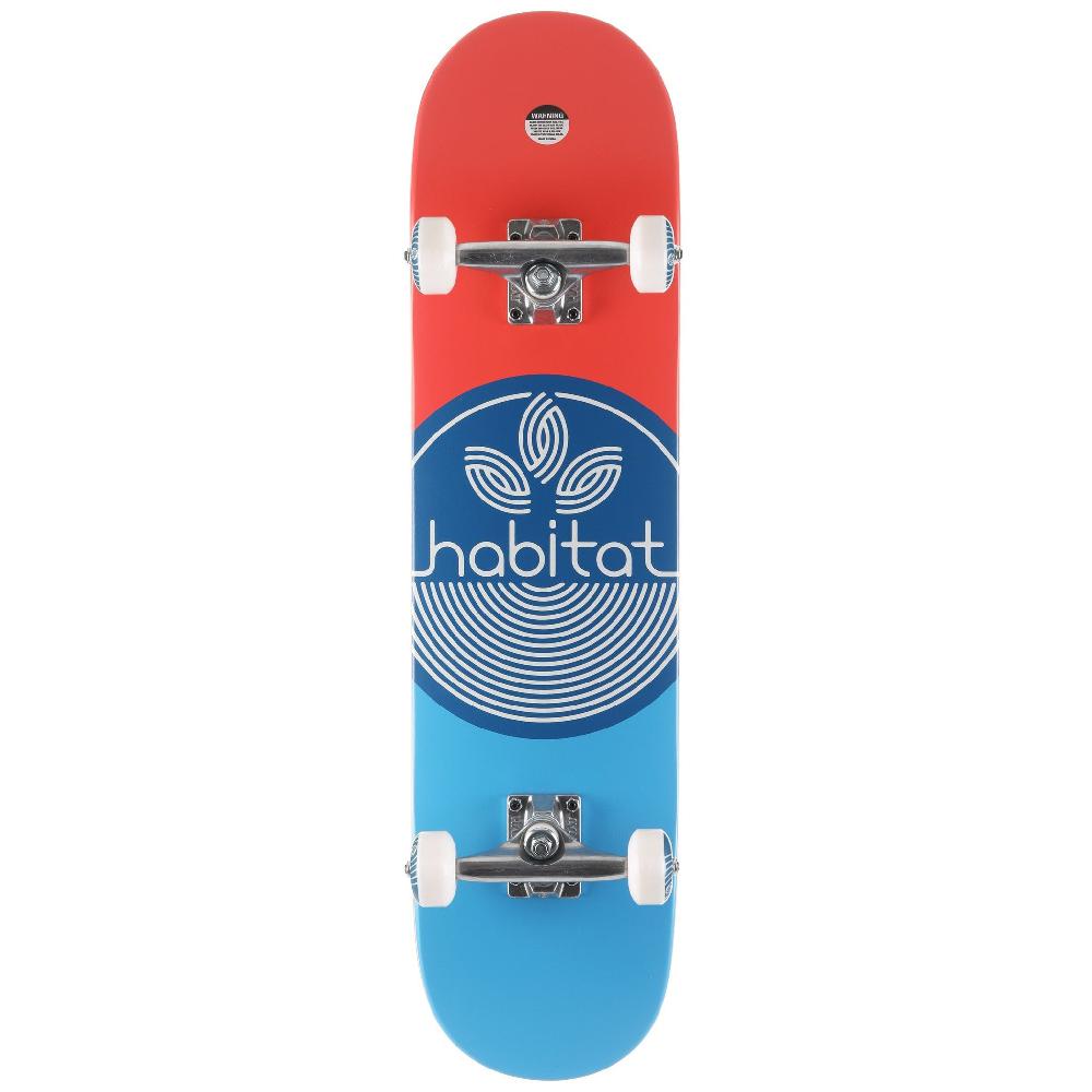 Skateboard with red and blue design and 'habitat' logo on a white background