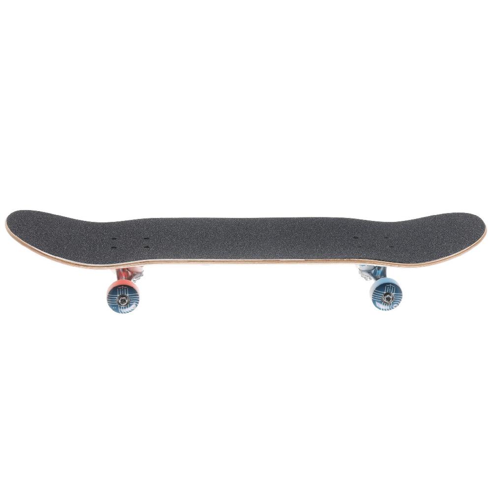 Skateboard with black deck and colorful wheels on a white background