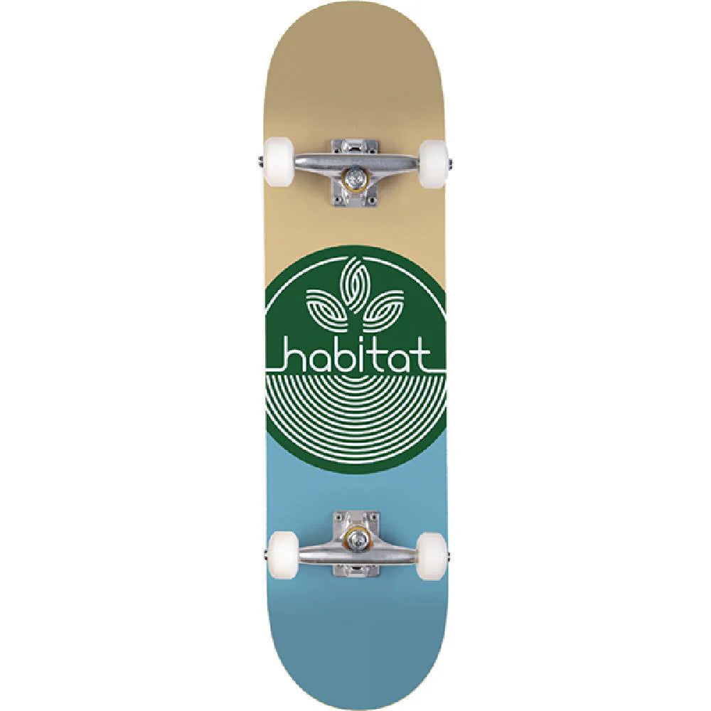 Skateboard with 'habitat' logo on a beige and blue deck