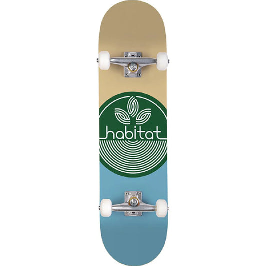 Skateboard with 'habitat' logo on a beige and blue deck