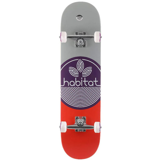 Skateboard with a purple and white logo on a red and gray deck against a white background