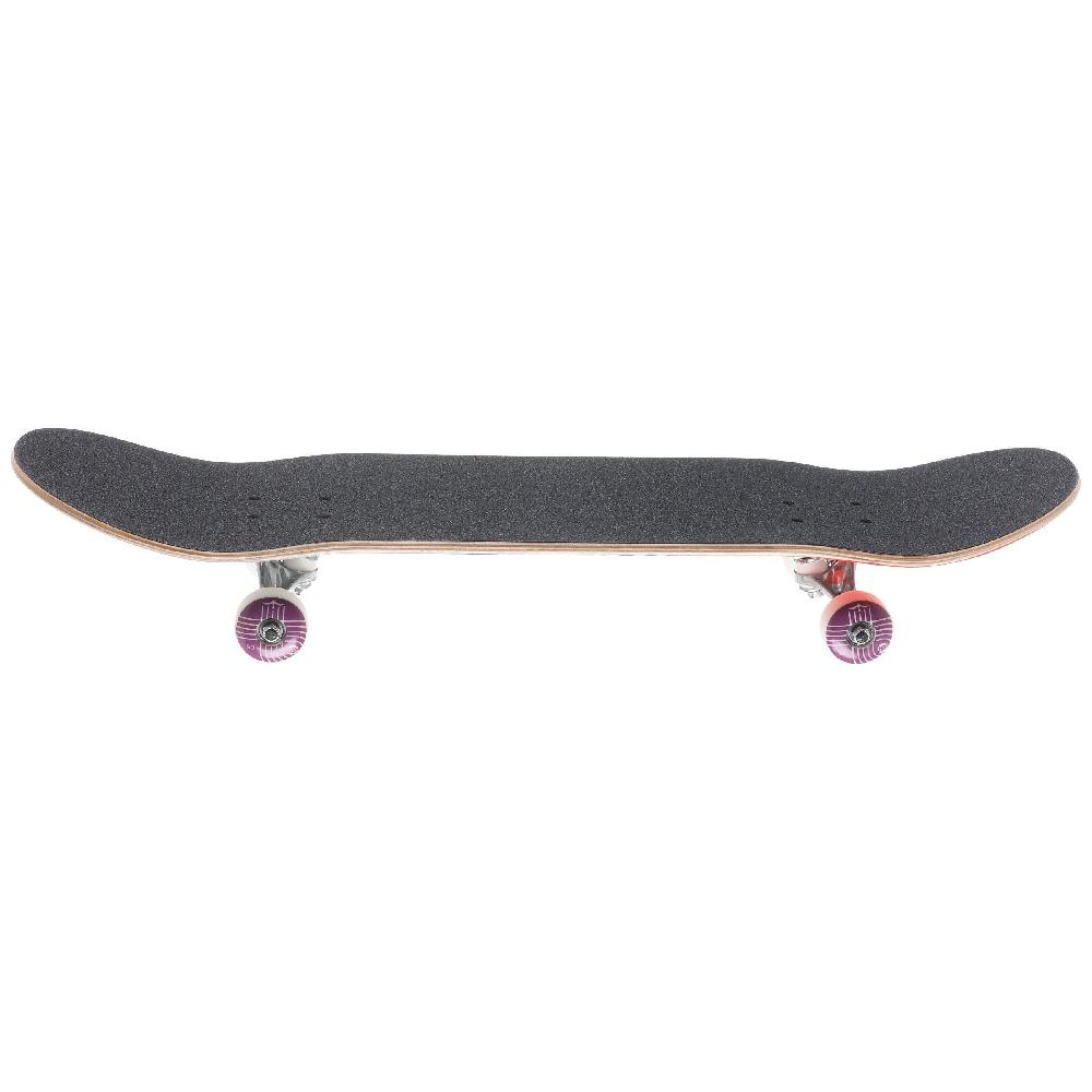 Skateboard with black deck and pink wheels on a white background