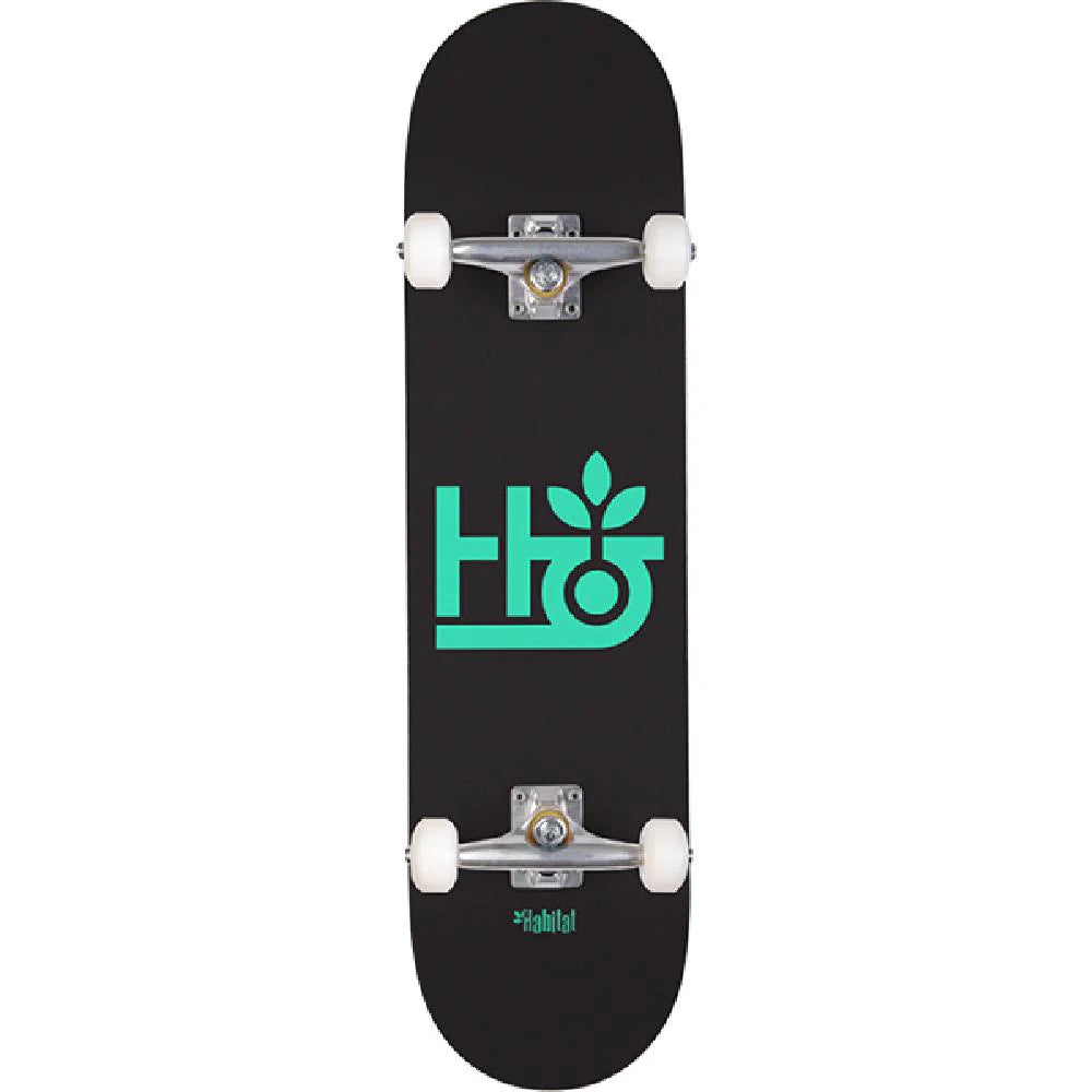 Black skateboard with green logo on a white background