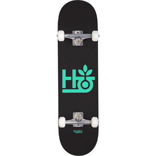 Black skateboard with green logo on a white background