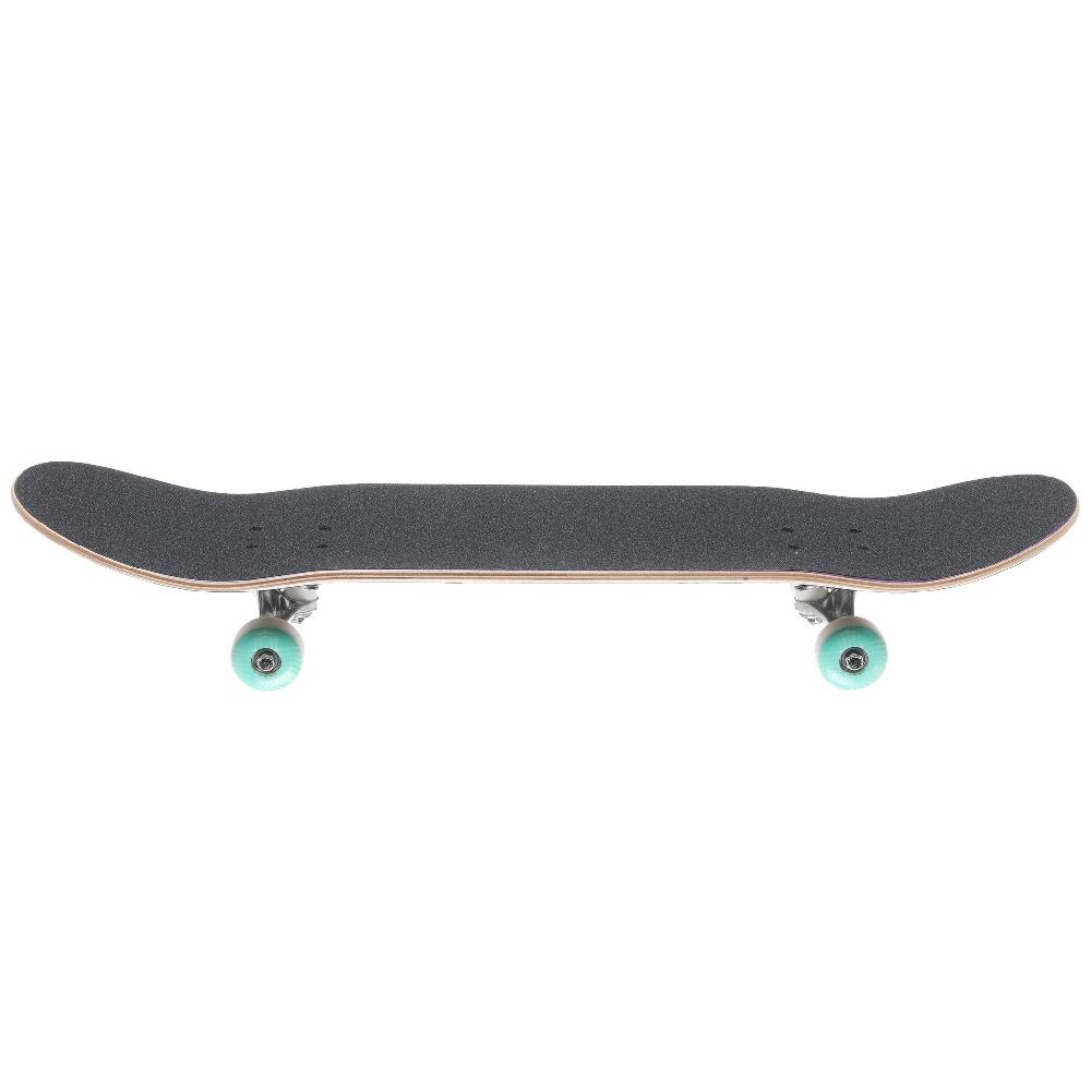 Skateboard with black deck and green wheels on a white background
