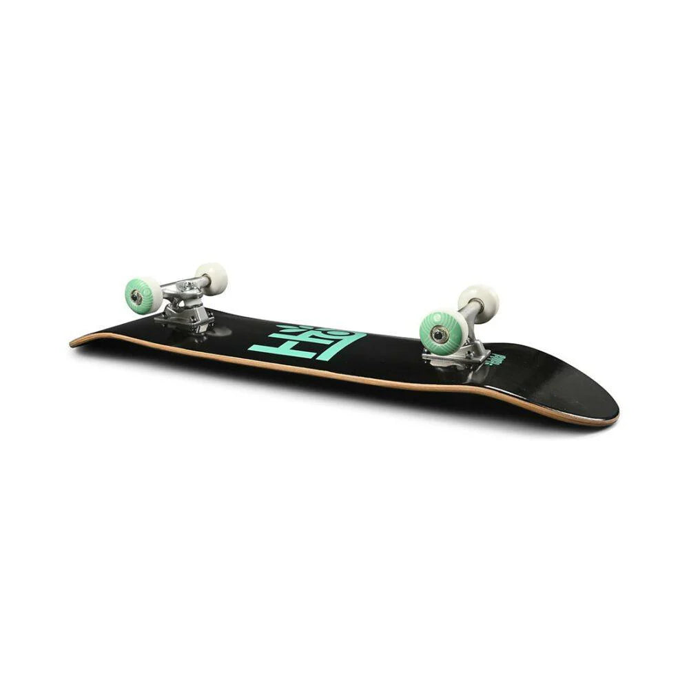 Black skateboard with green logo on a white background