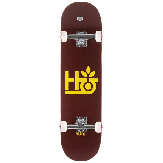 Skateboard with yellow logo on a white background