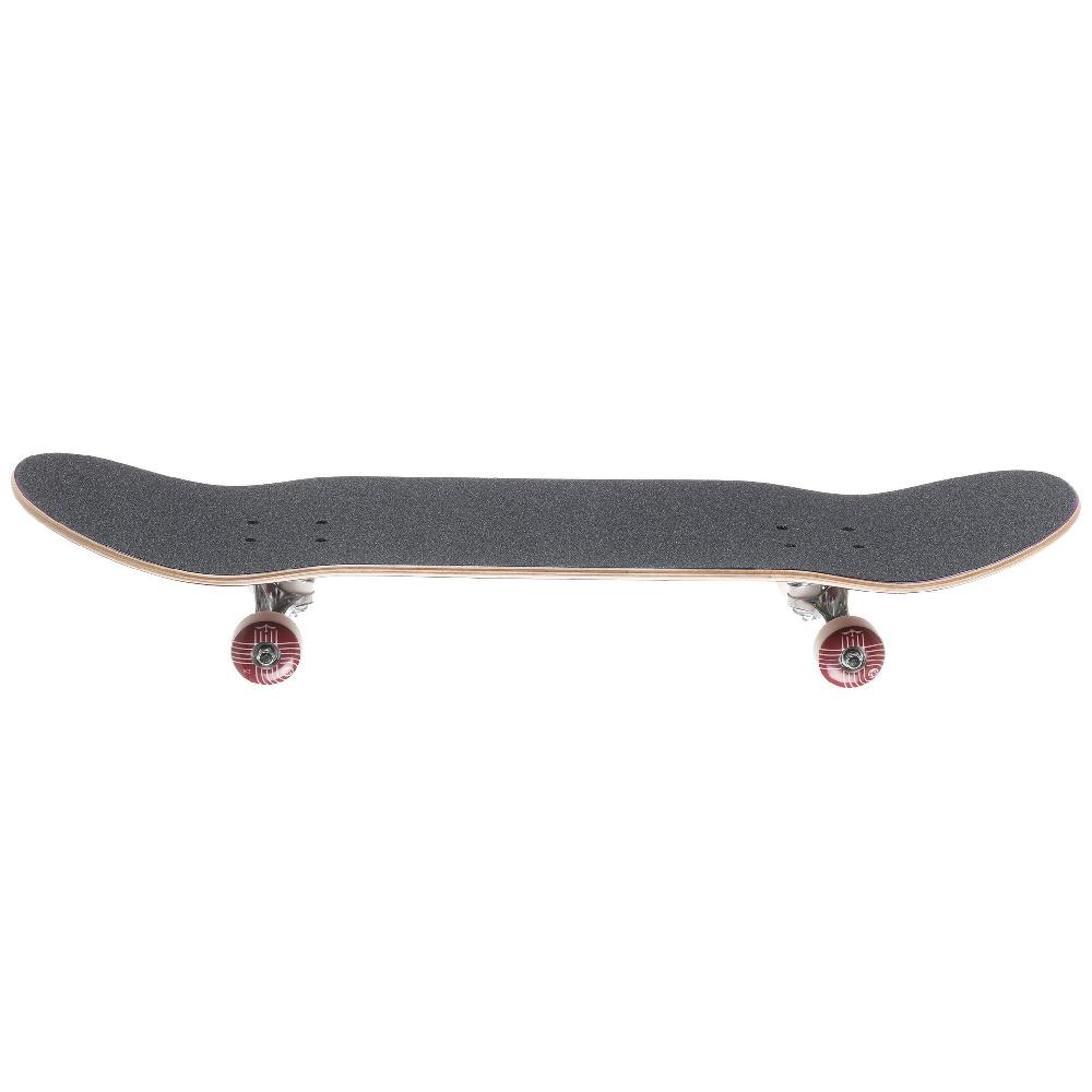 Skateboard with black deck and red wheels on a white background