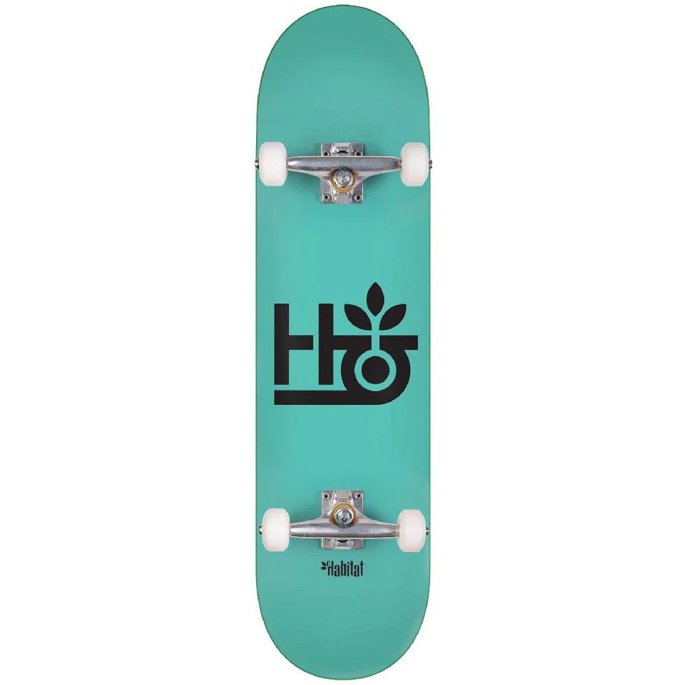 Teal skateboard with a black logo on a white background