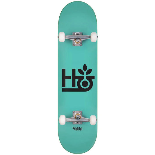 Teal skateboard with a black logo on a white background