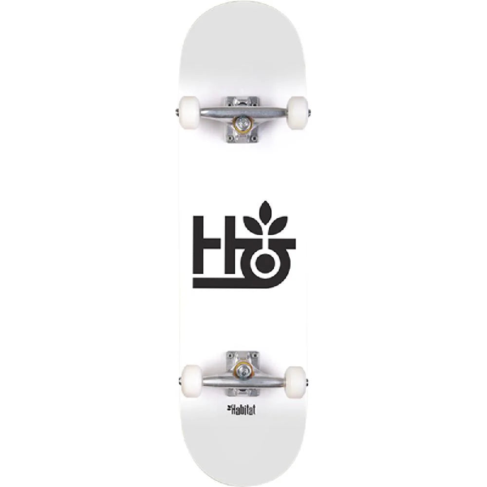White skateboard with 'Habitat' logo on a white background