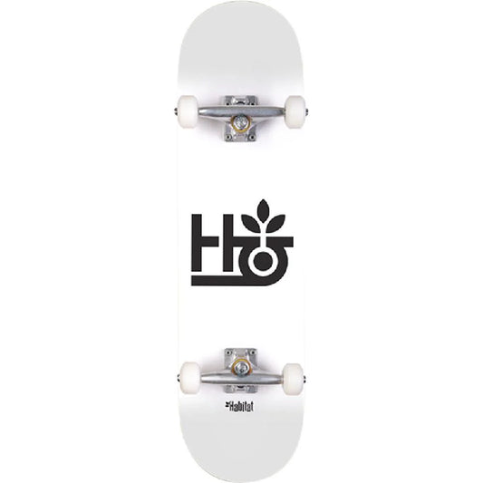 White skateboard with 'Habitat' logo on a white background