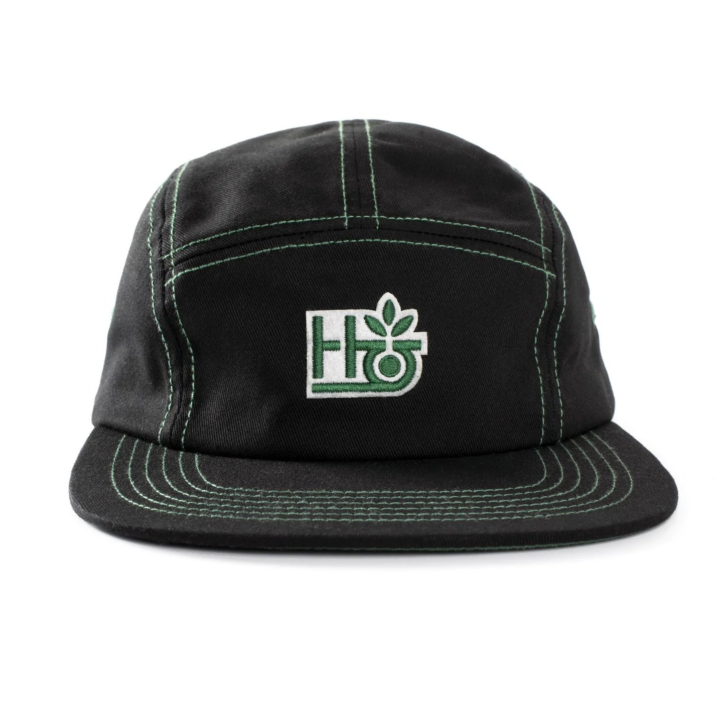 Black cap with a green logo on a white background