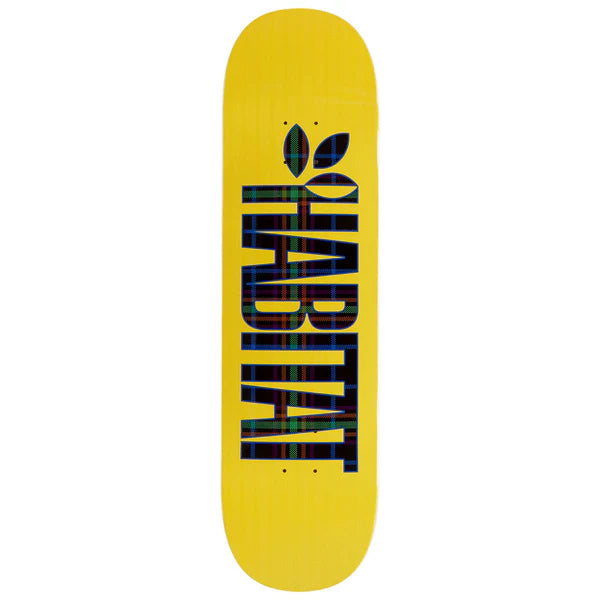 Yellow skateboard deck with 'Habit' logo on a white background