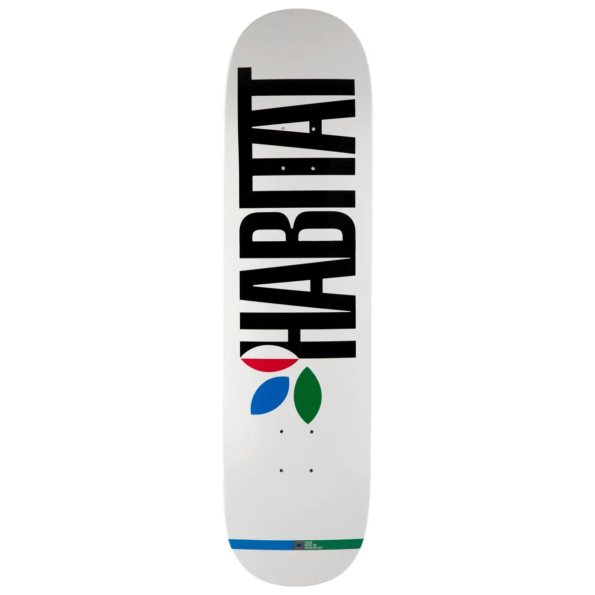 A white skateboard deck featuring the word 'HABITAT' printed vertically in bold black letters, with a small multicolor logo graphic and a blue and green stripe near the bottom.