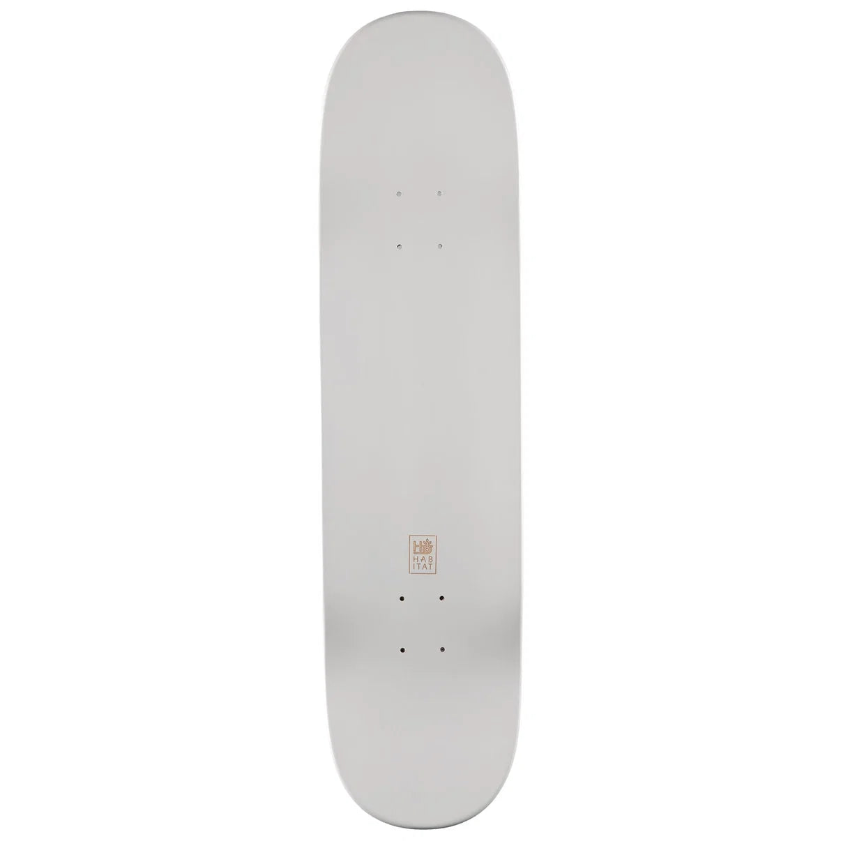 A silver skateboard deck shown vertically against a plain white background.