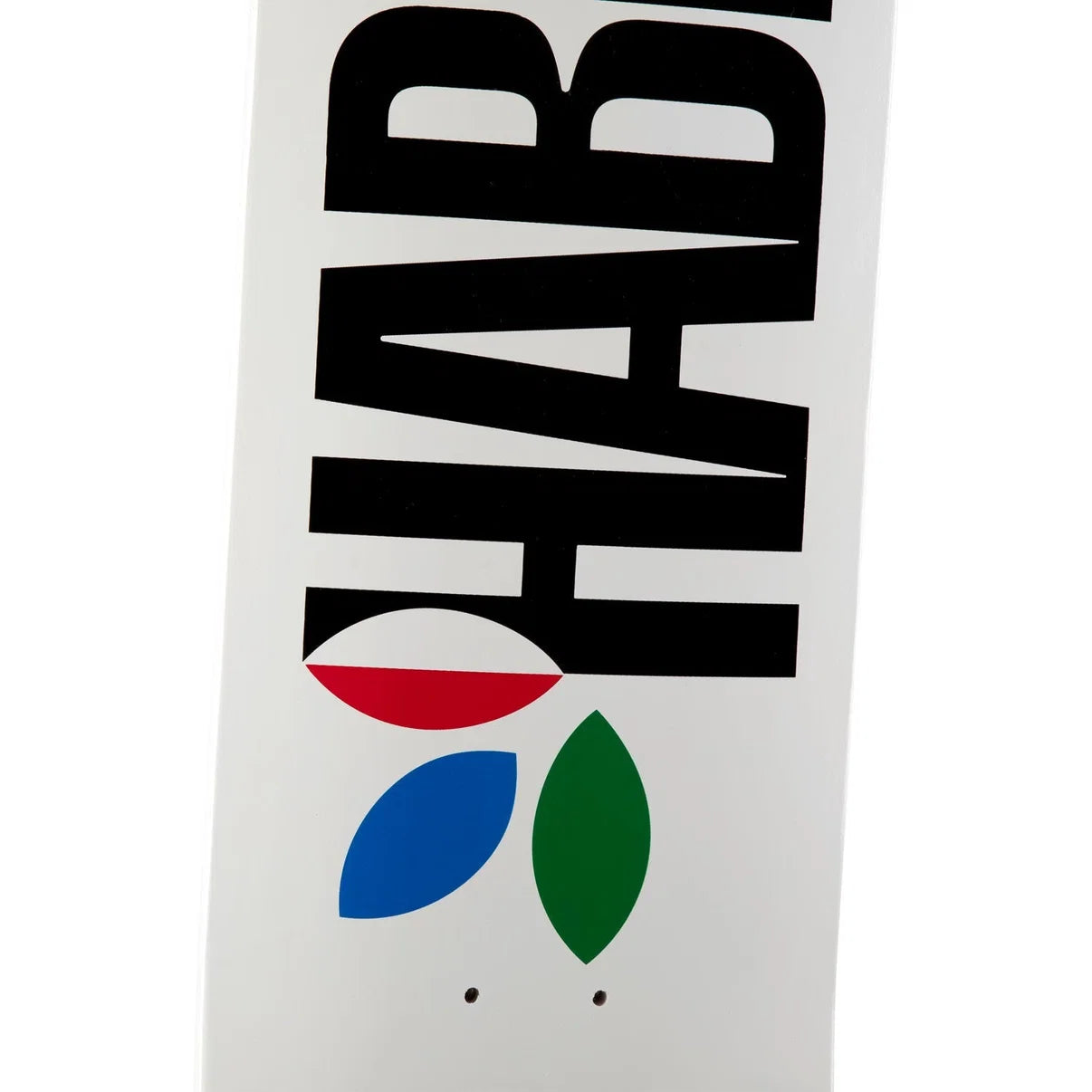 A close-up of a white rectangular product featuring large black 'HABIT' lettering and a multicolor logo with red, blue, and green leaf shapes on a white background.