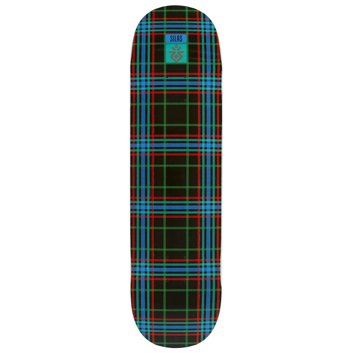 Skateboard deck with plaid pattern on a white background