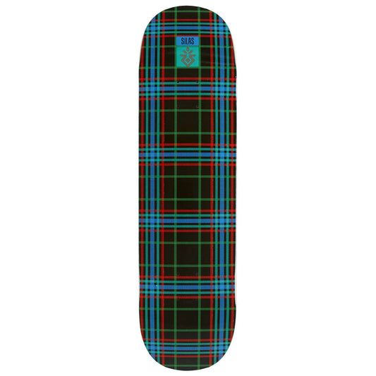 Skateboard deck with plaid pattern on a white background