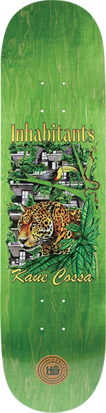 Green skateboard deck with a leopard illustration and 'Inhabitants' branding