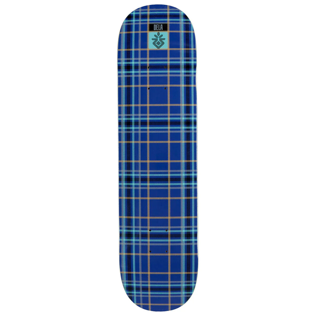 Blue plaid skateboard deck with a visible brand logo on a white background