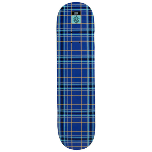 Blue plaid skateboard deck with a visible brand logo on a white background