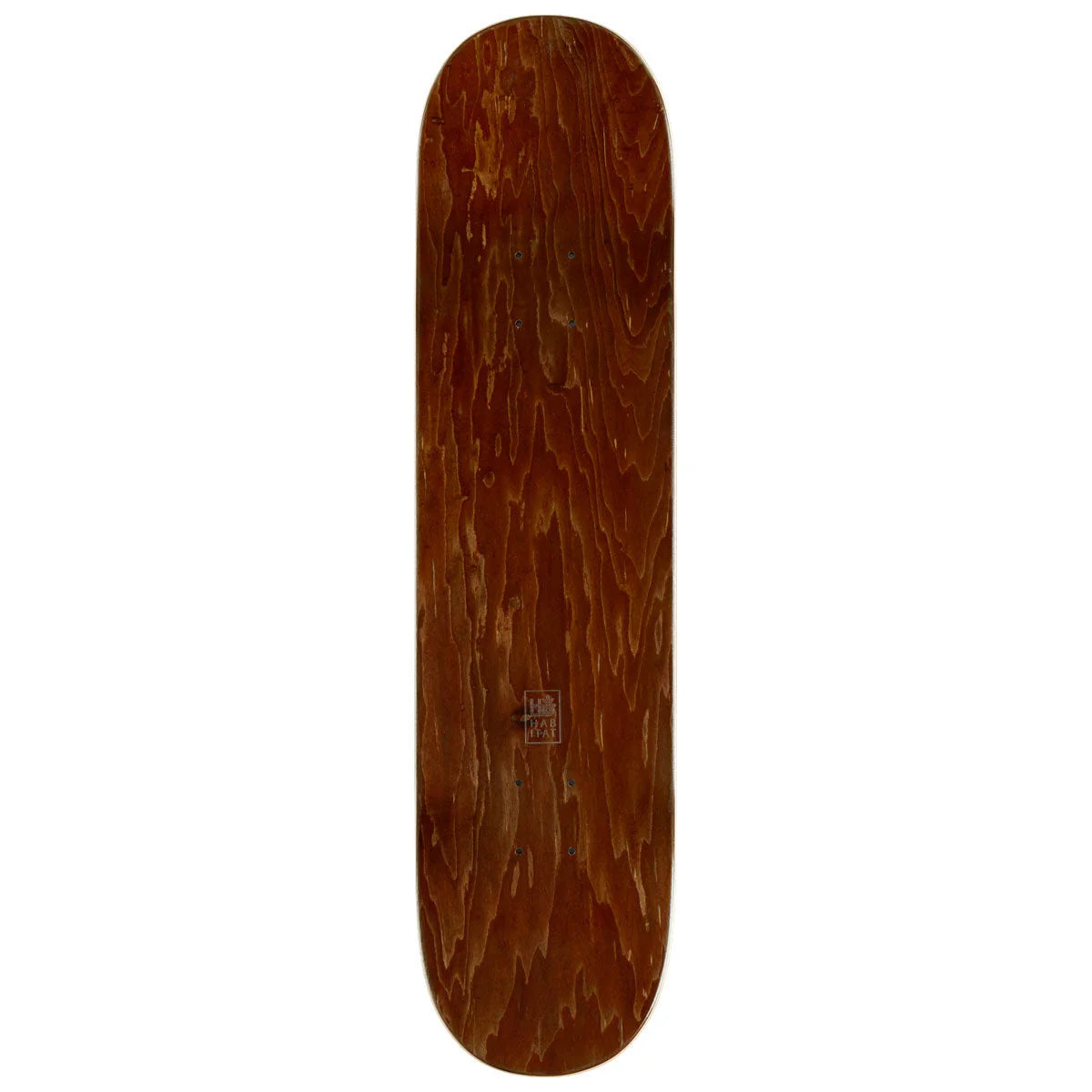 Wooden skateboard deck with a visible brand logo on a white background