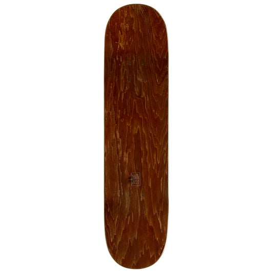 Wooden skateboard deck with a visible brand logo on a white background