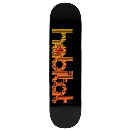 A skateboard deck with a black background and a large vertical 'habitat' logo in orange and yellow stripes, centered on a white background.