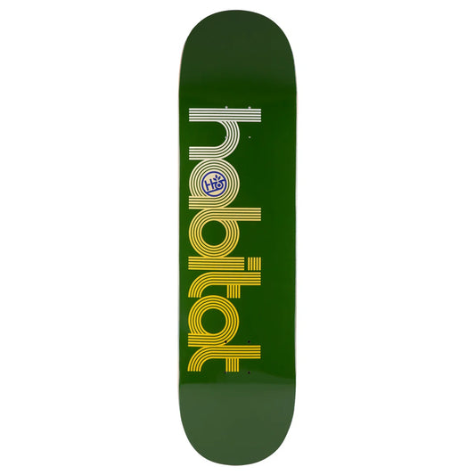 A dark green skateboard deck featuring a large vertical graphic with the word 'nood' in yellow and white, and a small blue circular logo near the center, shown on a plain white background.