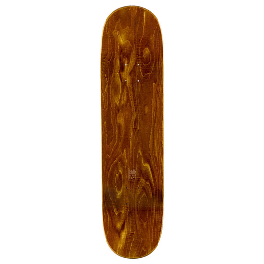 A skateboard deck with a glossy, warm brown wood grain finish, shown vertically against a solid white background.