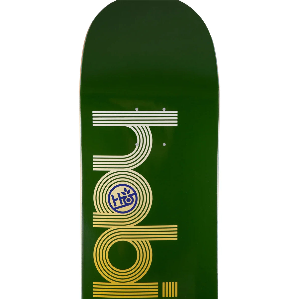 A dark green skateboard deck featuring a large stylized graphic spelling 'skate' in white and yellow concentric lines, with a blue circular logo in the center, shown against a plain white background.